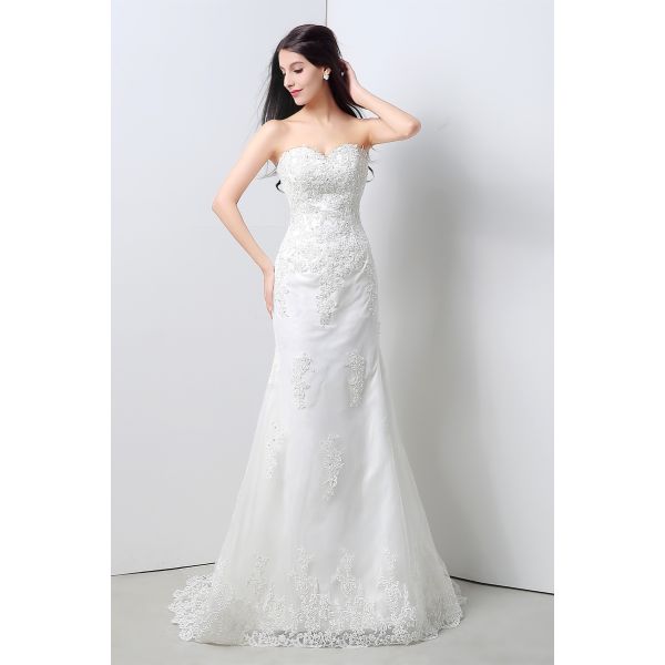 Classic Mermaid Sweetheart Tulle Lace Beaded Wedding Dress Lace Up Back