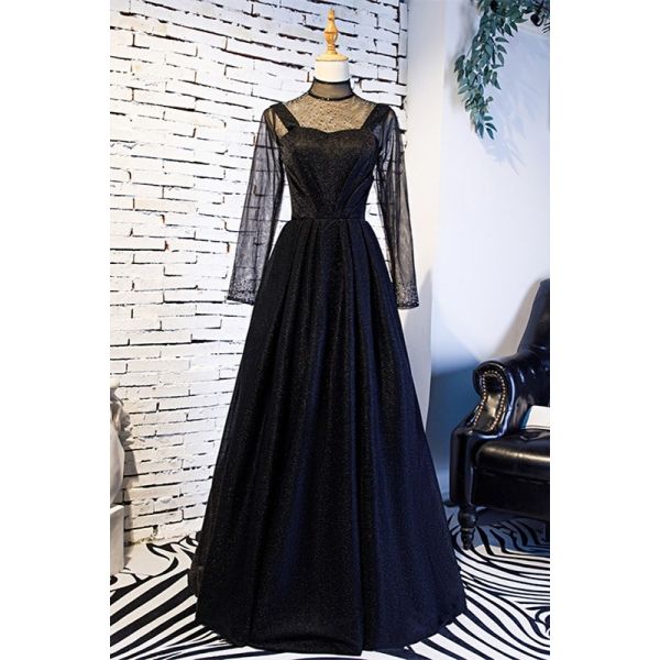 Elegant High Neck Long Sleeve Black A Line Prom Evening Dress With Crystals