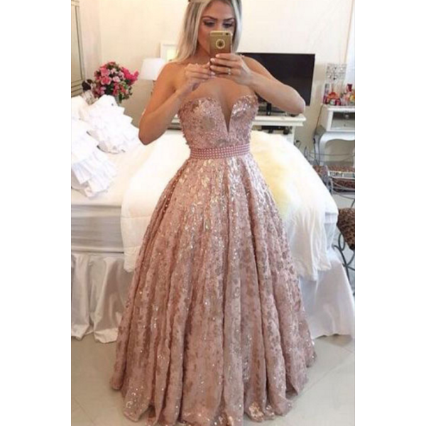 Stunning Ball Gown Sweetheart Pink Sequin Prom Evening Dress