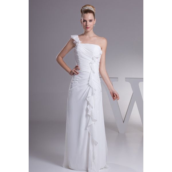 Sexy Sheath One Shoulder Side Slit Ruffles White Chiffon Beach Destinaton Wedding Dress 5704