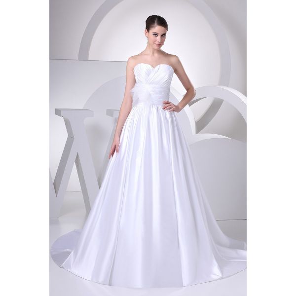 Simple A Line Sweetheart With Flower Pleated White Satin Wedding Dress ...