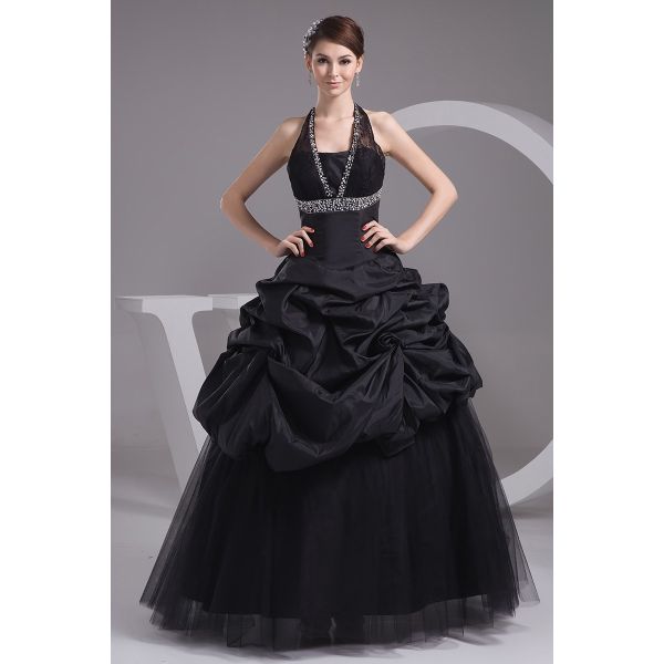 Stunning Ball Gown Halter Crystal Beaded Black Taffeta Prom Evening Dress