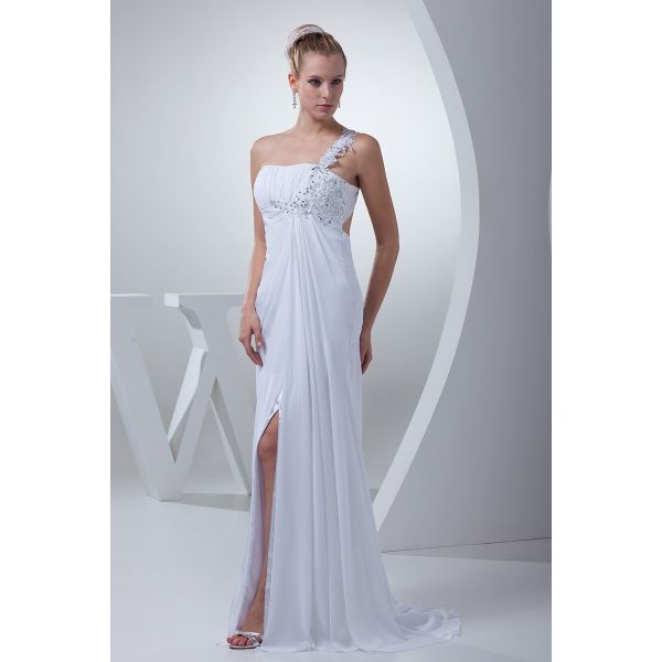 Sexy Sheath One Shoulder Open Back Side Slit Crystal Beaded White ...