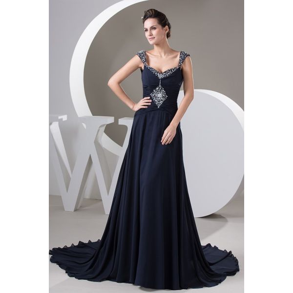 A Line Sweetheart Cap Sleeve Crystal Beaded Navy Blue Chiffon Prom