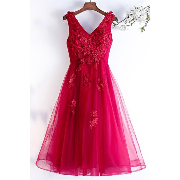 Empire V Neck Corset Beaded Appliques Red Tulle Short A Line Prom ...