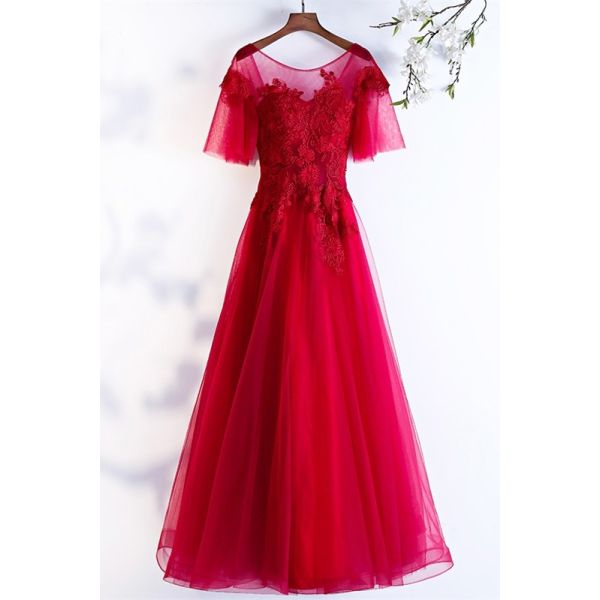 Elegant Scoop Ruffled Sleeve Corset Red Tulle A Line Prom Evening Dress ...