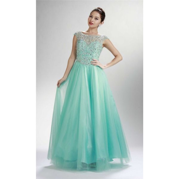 A Line Boat Neck Cap Sleeve Long Aqua Tulle Beaded Prom Dress