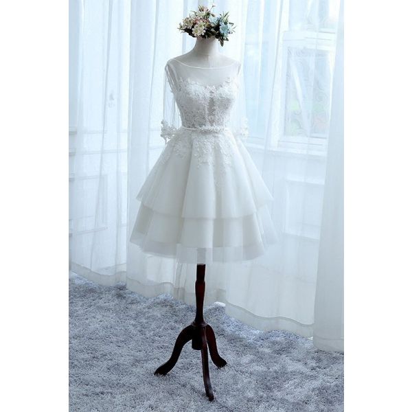 A Line Illusion Neckline 3 4 Sleeve Lace Tulle Tiered Short Wedding Dress