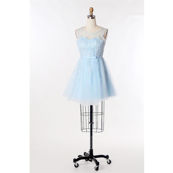 A Line Illusion Neckline Short Light Blue Tulle Lace Applique Prom Dress  With Sash