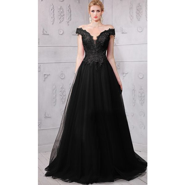 A Line Off The Shoulder Long Black Tulle Lace Evening Prom Dress