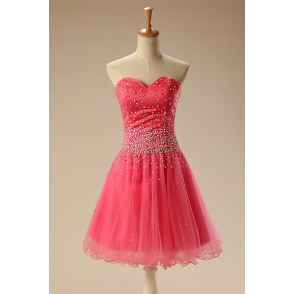 A Line Sweetheart Short Hot Pink Tulle Beaded Prom Dress