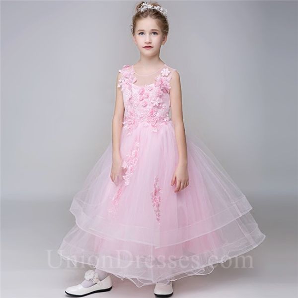 Ball Gown Illusion Neckline Light Pink Tulle Ruffle Lace Flower