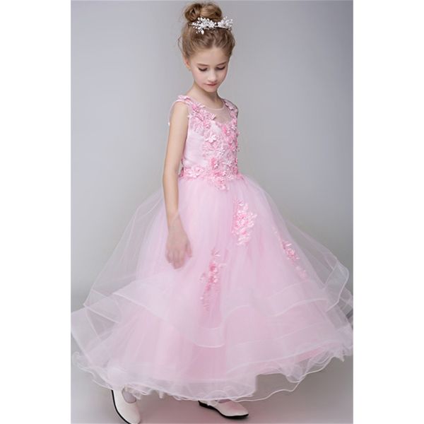 Ball Gown Illusion Neckline Light Pink Tulle Ruffle Lace Flower Girl Dress