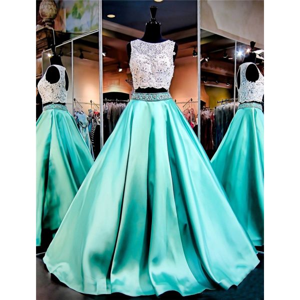 Ball Gown Sleeveless Open Back Mint Green Satin Lace Two Piece Prom Dress