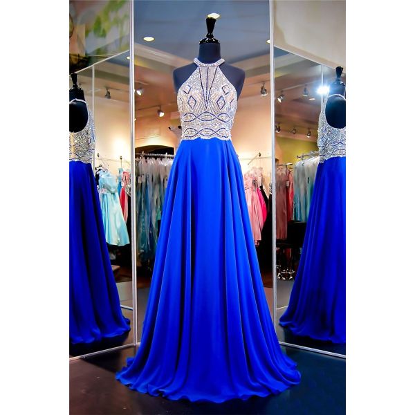 Beautiful A Line Halter Long Royal Blue Chiffon Beaded Prom Dress