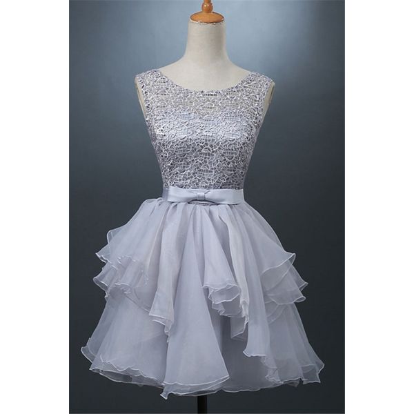 Beautiful Scoop Neck Silver Lace Organza Ruffle Prom Dress With Bow Sash