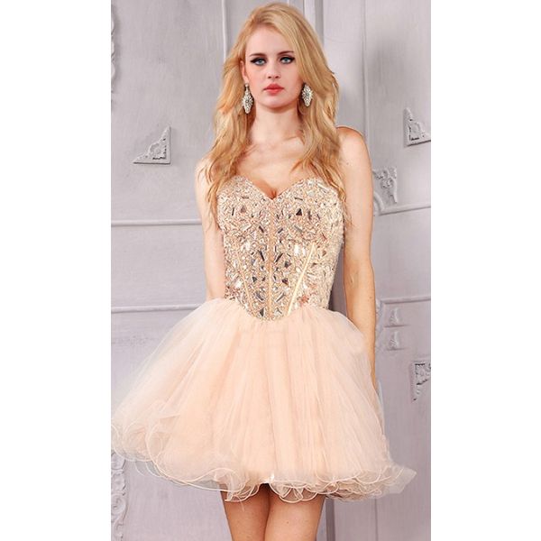 Beautiful Strapless Sweetheart Short Mini Champagne Tulle Beaded Prom Dress