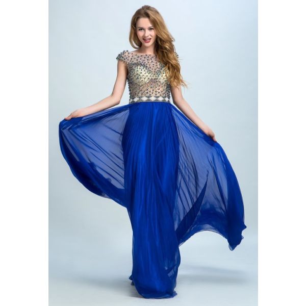 Cap Sleeve See Through Tulle Beaded Royal Blue Chiffon Flowing Prom Dress 6111