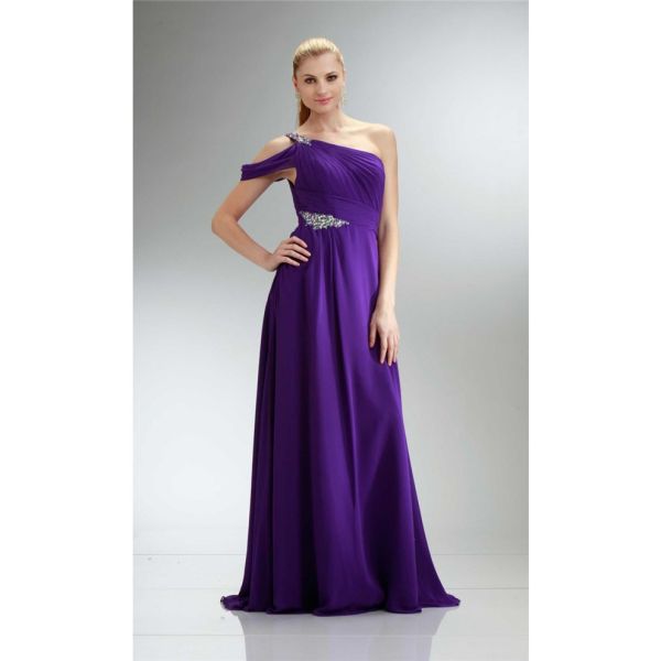 Charming One Shoulder Long Purple Chiffon Beaded Prom Dress