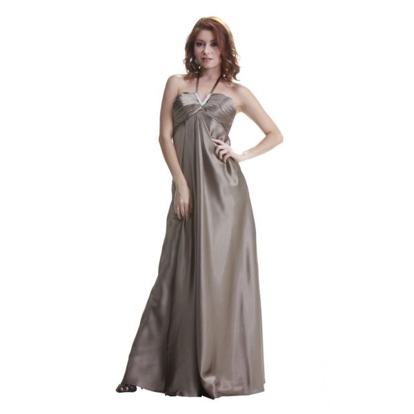 Formal Halter Empire Waist Long Light Brown Silk Evening Prom Dress