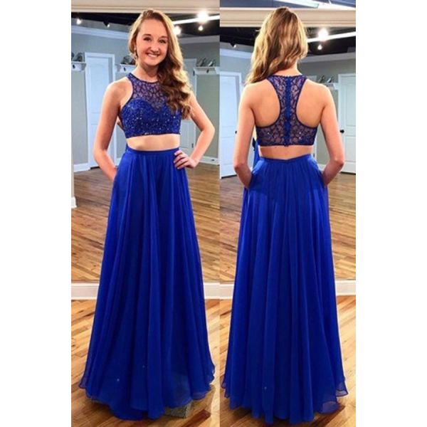 Gorgeous A Line Long Royal Blue Chiffon Beaded Two Piece Prom Dress ...