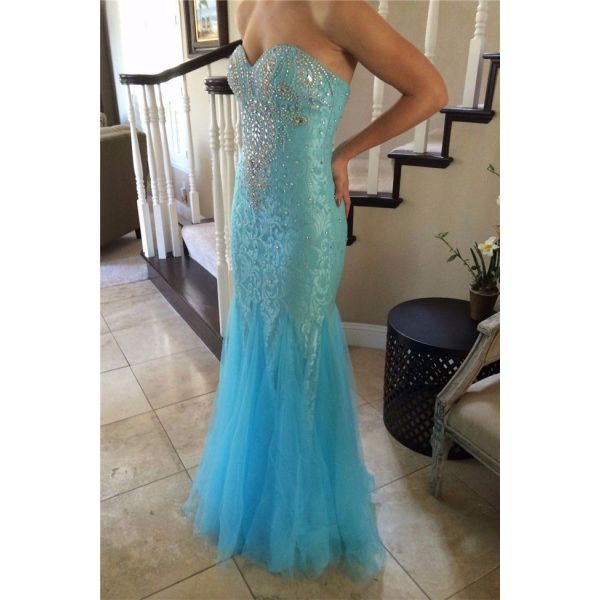 Graceful Mermaid Sweetheart Turquoise Tulle Lace Beaded Prom Dress 7600