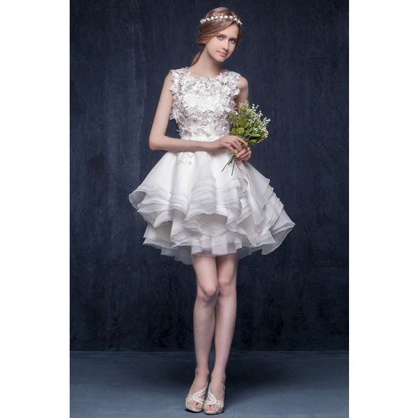 High Neck Sleeveless Floral Lace Organza Ruffle Layered Short Wedding Dress