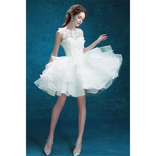 Lovely Sleeveless Mini White Organza Ruffle Flower Tutu Prom Dress