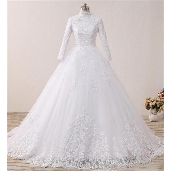Modest Ball Gown High Neck Long Sleeve Tulle Lace Wedding Dress