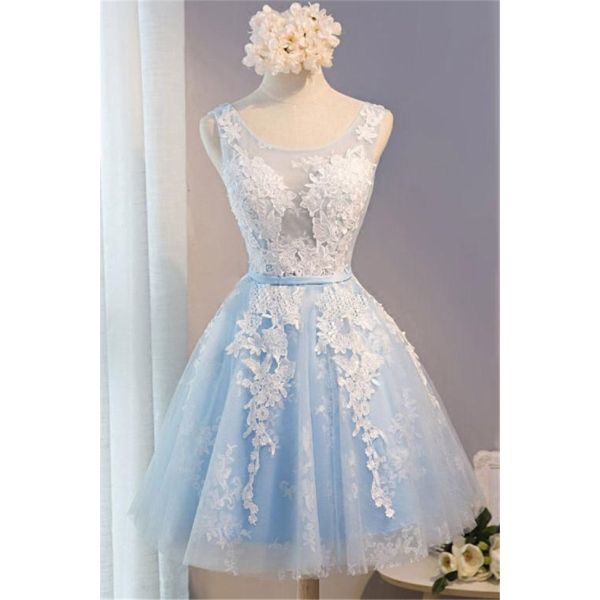 Scoop Neck Light Blue Tulle White Lace Short Prom Dress With Sash