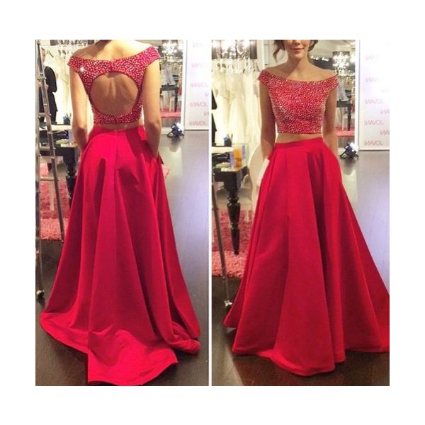 Sexy A Line Off The Shoulder Two Piece Red Taffeta Beaded Prom Dress ...