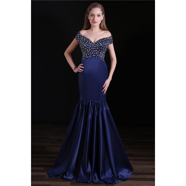 Sexy Mermaid Off The Shoulder Navy Satin Beaded Evening Prom Dress
