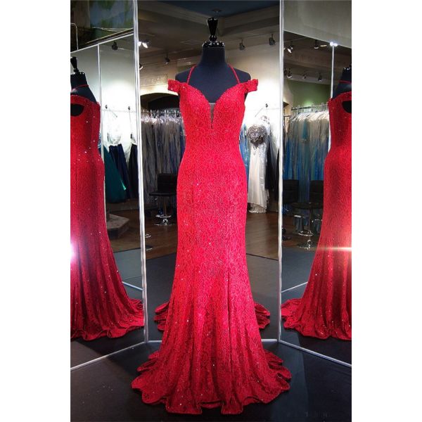 Sexy Off The Shoulder Red Lace Beaded Evening Prom Dress