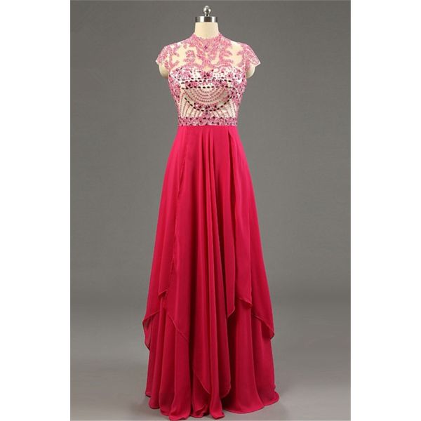 Sheath High Neck Cap Sleeve Cut Out Back Long Red Chiffon Beaded Prom Dress