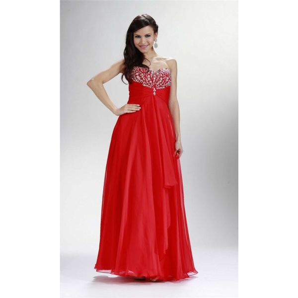 Sheath Strapless Sweetheart Long Red Chiffon Beaded Prom Dress