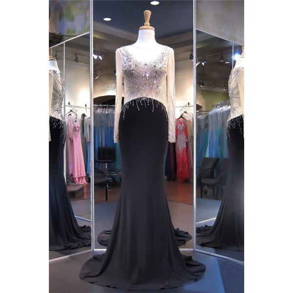 Stunning Illusion Neckline Black Jersey Sheer Tulle Sleeve Beaded Prom ...