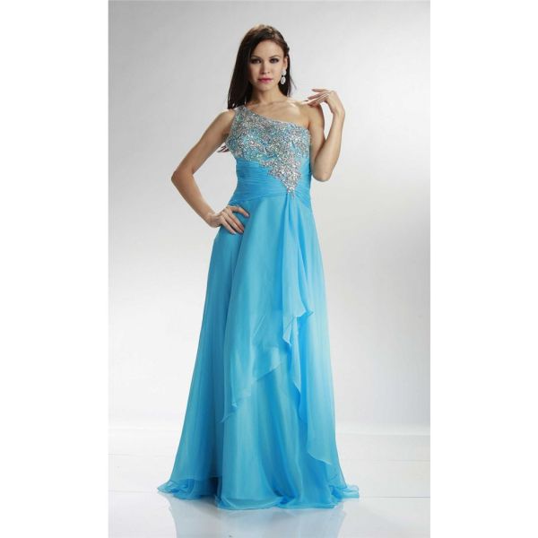 Stunning Sheath One Shoulder Long Sky Blue Chiffon Beaded Prom Dress