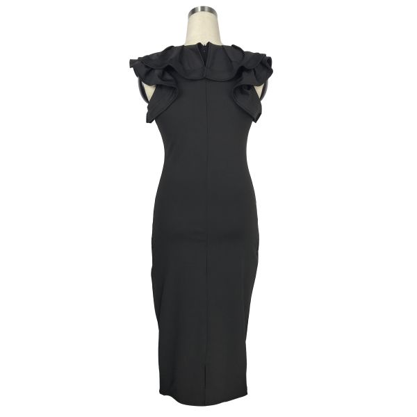 Tea Length Black Ruffle Stretch Women Casual Evening Dress Metal Belt