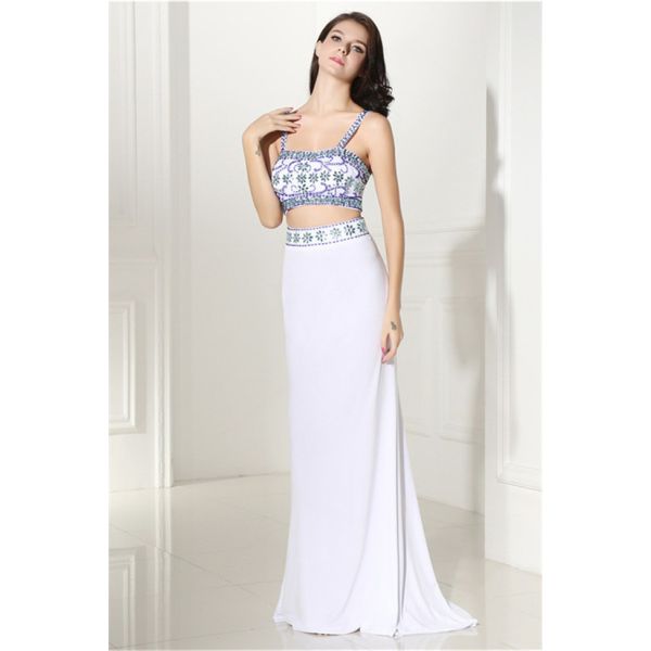 Two Piece Long White Jersey Beaded Prom Dress With Straps