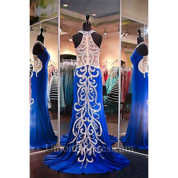 Unique Sheath Halter Royal Blue Chiffon Beaded Evening Prom Dress