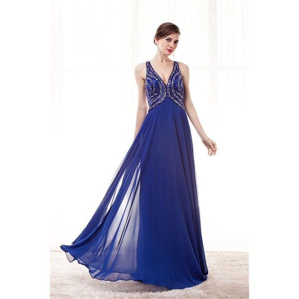 V Neck Empire Waist Cut Out Back Long Royal Blue Chiffon Beaded Prom Dress