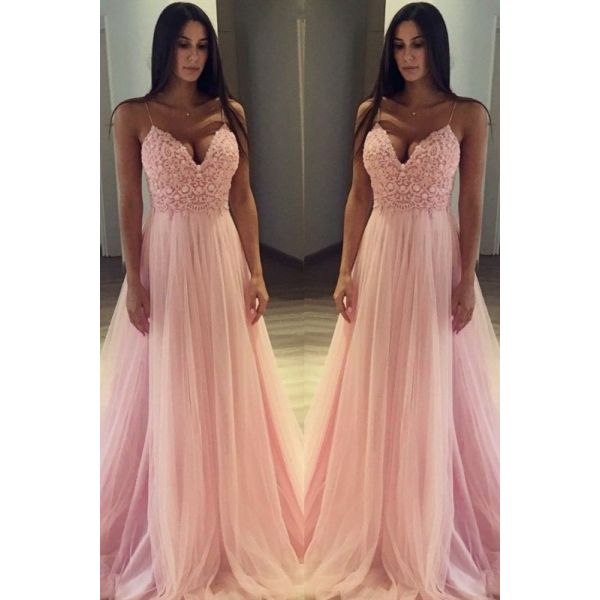 Boho Long A Line Prom Party Dress Spaghetti Straps Pink Tulle Lace