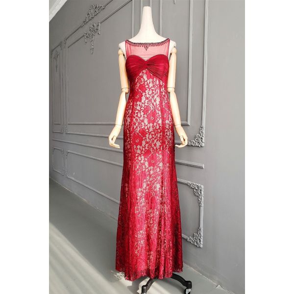 Chic Long Mermaid Red Lace Beaded Prom Evening Dress