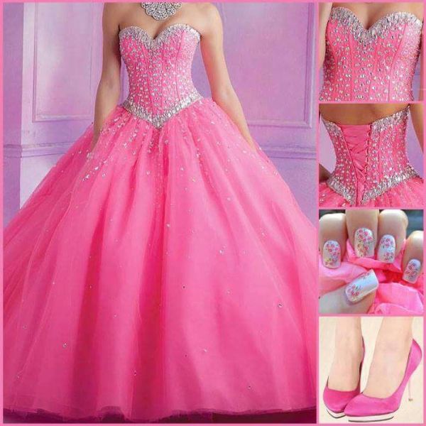 Ball Gown Sweetheart Hot Pink Tulle Beaded Corset Prom Dress