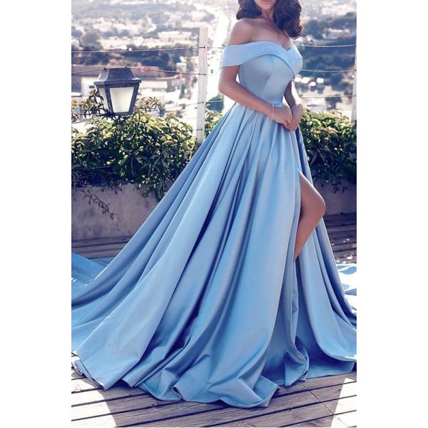 Princess A Line Dusty Blue Prom Party Dress Off The Shoulder With Slit