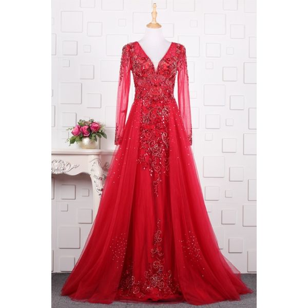 Princess Ball Gown Beaded Red Prom Party Dress V Neck Long Sleeves