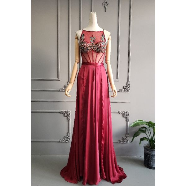 Unique See Through Long A Line Burgundy Silk Beaded Special Occasion ...