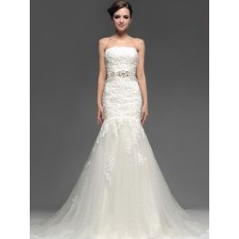 Gorgeous Mermaid Strapless Crystal Beaded Lace Wedding Bridal Dress