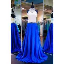 A Line High Neck Royal Blue And White Chiffon Beaded Prom Dress