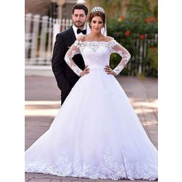 Ball Gown Off The Shoulder Long Sleeve Tulle Lace Wedding Dress